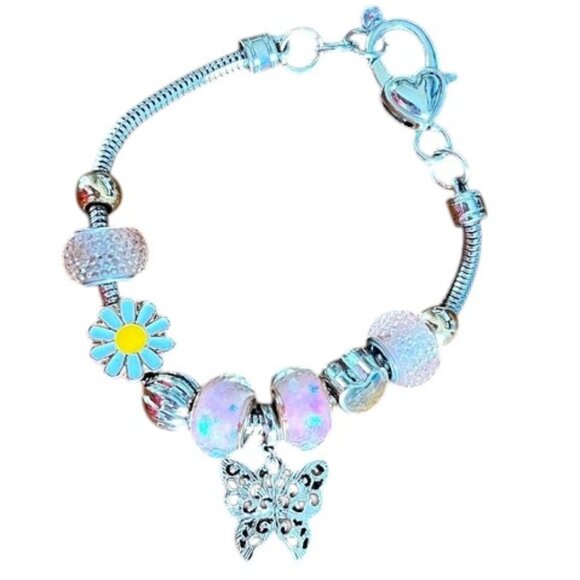 Pandora Style Charm Bracelet Pink Lampwork Butterflies and Daisies! So Sweet! - Picture 1 of 3